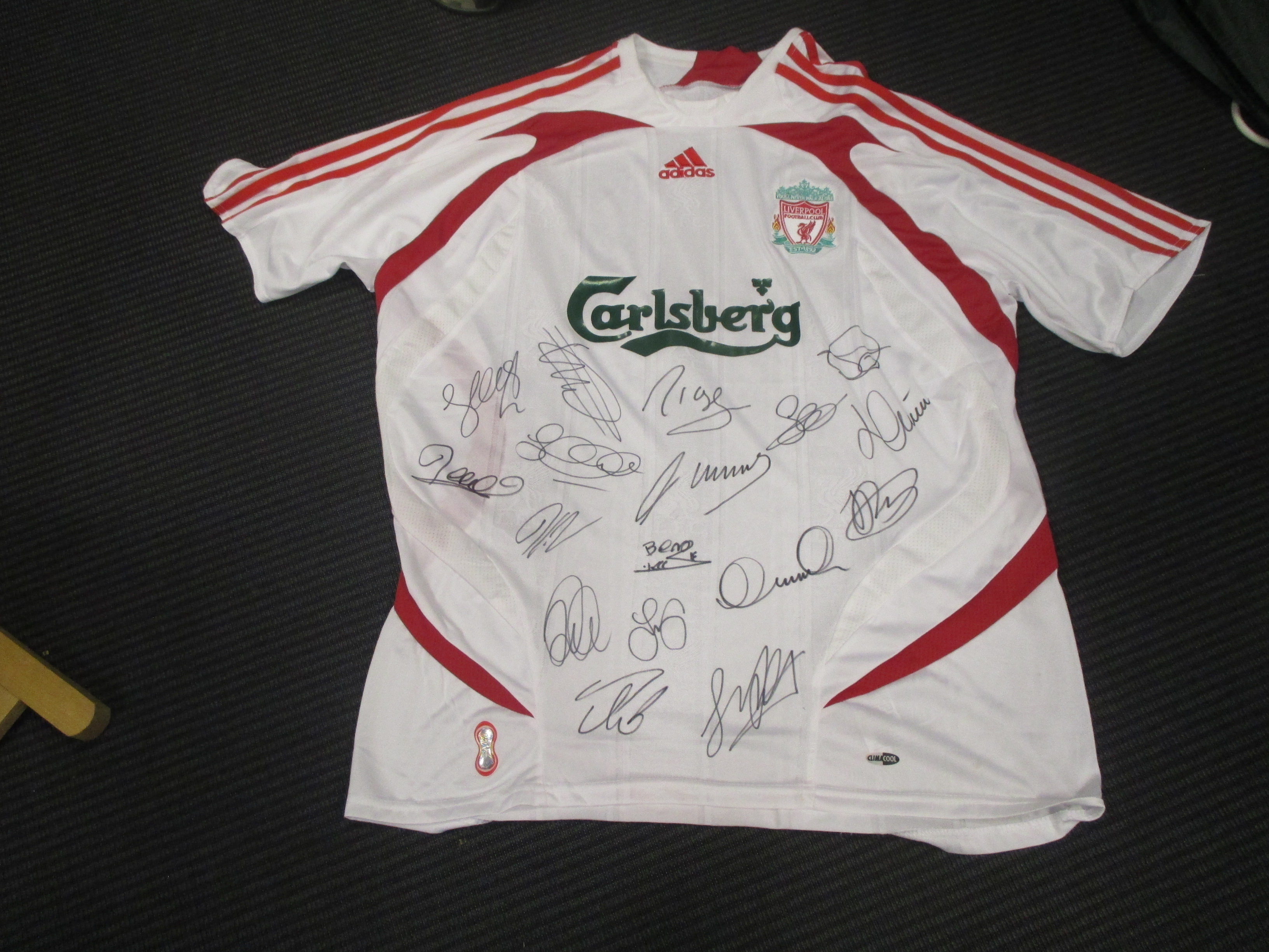 Three signed Liverpool football shirts, White 2007-8 away strip with 17 autographs, grey 2008-9 away - Image 3 of 3