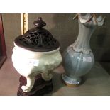 An elephant head tripod tingyao censer, wood cover and stand together with jun glazed baluster