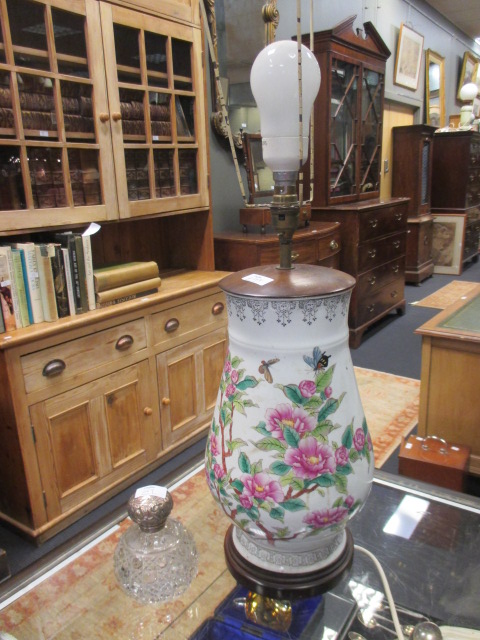 A vase lamp, convex wall mirror, cut glass scent bottle with silver mounts and a tea caddy (4)