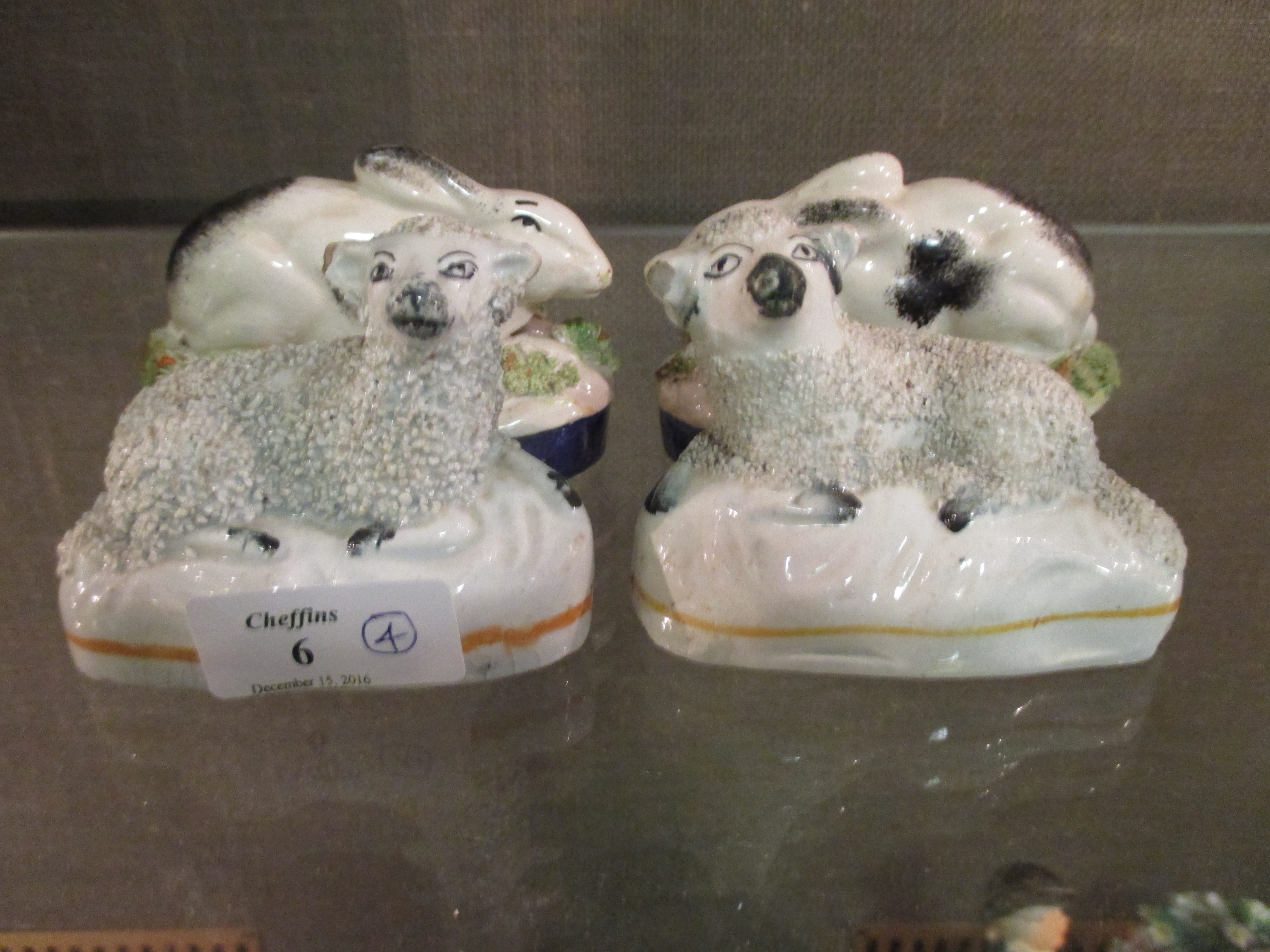 A pair of Staffordshire bunnies and a pair of sheep (4)