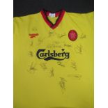 Three signed Liverpool football shirts, White 2007-8 away strip with 17 autographs, grey 2008-9 away