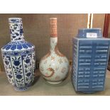 A Chinese lavender glazed cong shaped vase, a Ming style blue and white vase and a Kangxi marked red