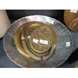 Five American items; Norman Rockwell gold plated dish, a scenic bowl and a bronze dish inset with