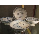 EG. Four early 19th century blue and white creamware shallow bowls inscribed: 'Its Out', 'Brandy and