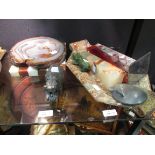 A Deco style stone tray, three obelisks, an agate dish, a checkerboard dish, two stone hippos and