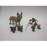 A collection of Wiener bronzes; dog, frog, fencer, two fox heads, two cold painted birds and a cat