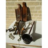 EG. A collection of miscellaneous items, to include: brass ember tongs, a table fitting cork