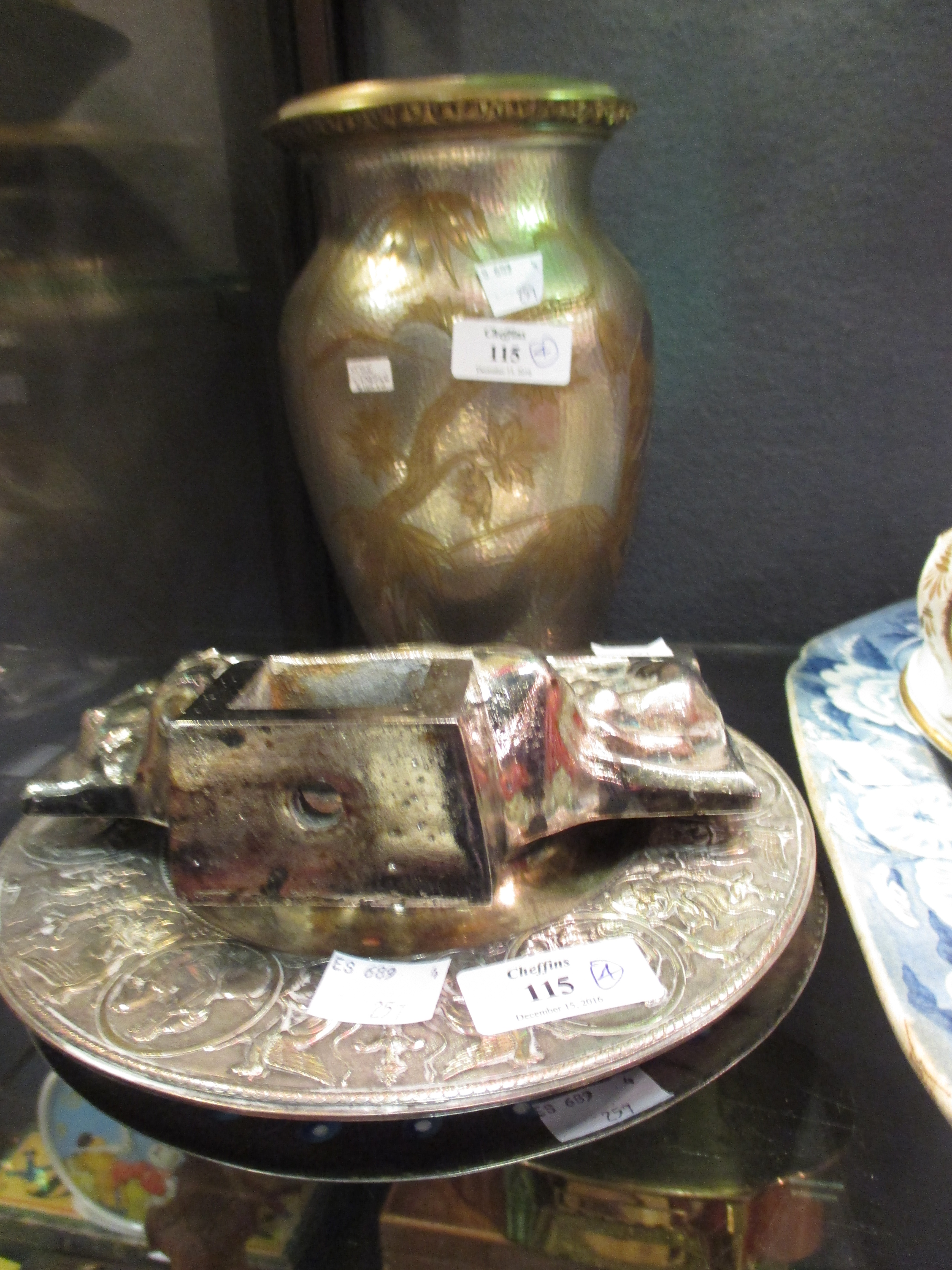 An Elkington aesthetic inkwell c.1860, an aesthetic movement vase, an Art Nouveau inkwell and an