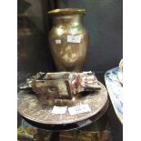 An Elkington aesthetic inkwell c.1860, an aesthetic movement vase, an Art Nouveau inkwell and an