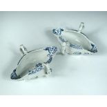A pair of mid 18th century Worcester blue and white double lipped sauce boats, each with chinoiserie