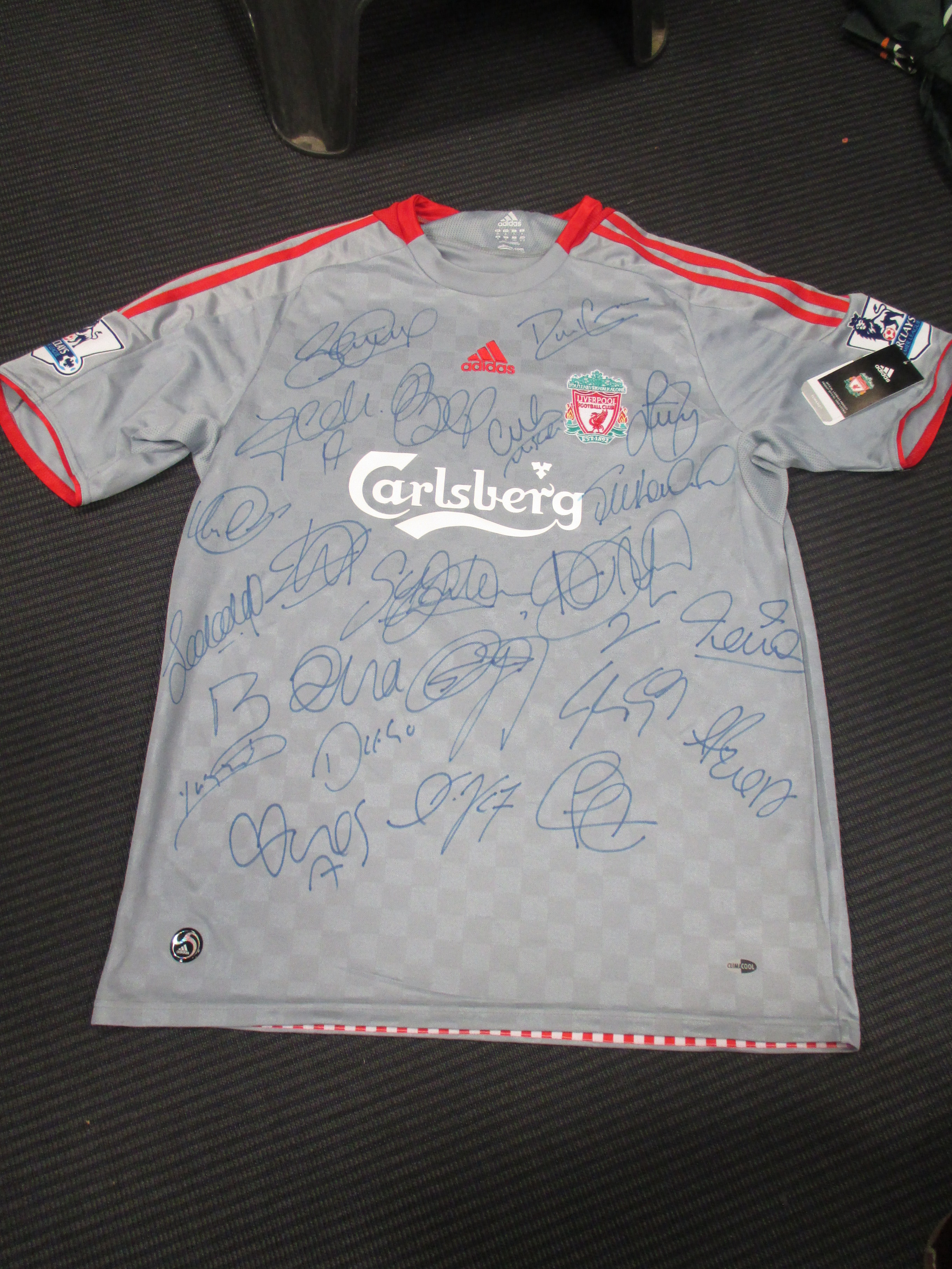 Three signed Liverpool football shirts, White 2007-8 away strip with 17 autographs, grey 2008-9 away - Image 2 of 3