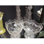 A pair of Irish elliptical glass sweetmeat bowls and other glassware including decanters etc