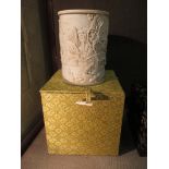A brocade boxed biscuit porcelain brush pot with relief decoration and Qianlong mark typical