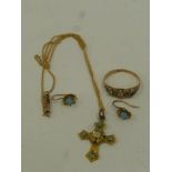 A 9ct gold and turquoise ring, size N/O, and earring set, with a similar gold (untested/unmarked)