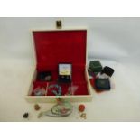 A jewellery box with an assortment of gold, silver and costume jewellery, also a Viking Whitby jet