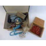 A box of assorted collectables including coral beads, a carved lidded box, beadwork etc.