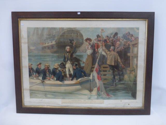 A framed print titled "Good-Bye My Lads", featuring Nelson leaving Portsmouth to sail for