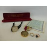 A 9ct gold cased masonic medal and a 9ct rose gold ring set with a blood agate stone etc.