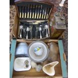 Two boxes of mixed collectables including metalware, ceramics, glassware and a part cased canteen of