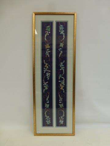 A 19th Century Chinese blue hand sewn diptych silk of vines.