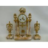 A three piece marble and gilt metal garniture clock set. The circular clock mounted on six pillars