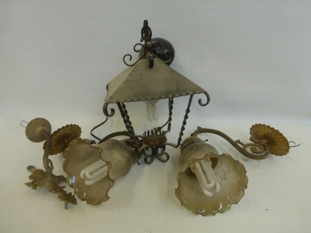 A pair of brass wall lights with hanging flange with etched glass shades, plus a metal porch