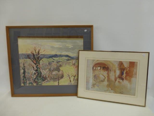 A framed and glazed Russell Flint print and a watercolour country scene.