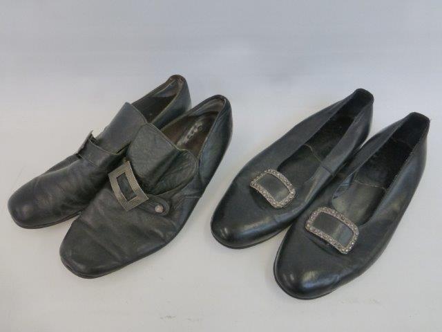 A pair of black leather gentleman's size 8 shoes with decorative buckle and another similar pair.