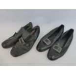 A pair of black leather gentleman's size 8 shoes with decorative buckle and another similar pair.