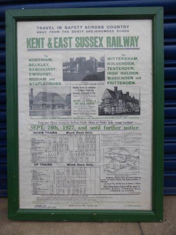 A framed and glazed Kent & East Sussex Railway train timetable, September 1927, printed by David