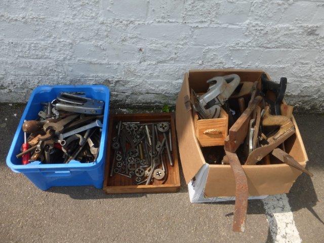 Three boxes of assorted tools to include taps and dies, spanners, files and sockets.