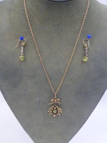 A 9ct gold late 19th Century diamond, peridot and seed pearl pendant necklace with matching drop - Image 2 of 2