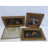 A pair of over painted oils - still life of assorted fruits, a George Humble print - map of