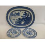 A pair of 19th Century Mason's Patent Ironstone China pearlware blue and white plates decorated