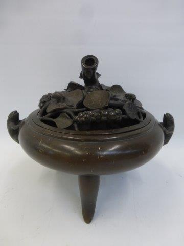 A Chinese bronze twin handled incense burner, the handles in the form of salamanders, the pierced