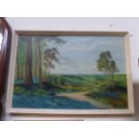 John Bendle - Oil on canvas showing a panoramic country scene. Signed lower left, 29 x 20".