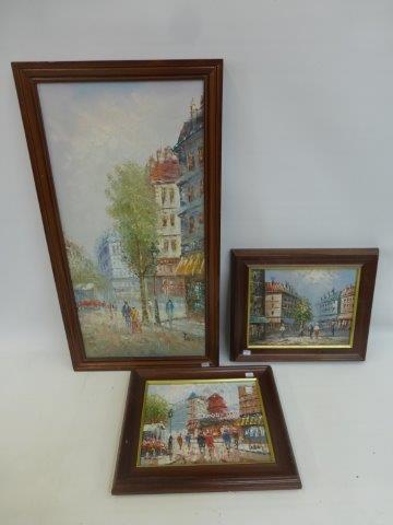 A group of three oils on canvas depicting Parisian street scenes, signed lower right (possibly