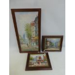 A group of three oils on canvas depicting Parisian street scenes, signed lower right (possibly