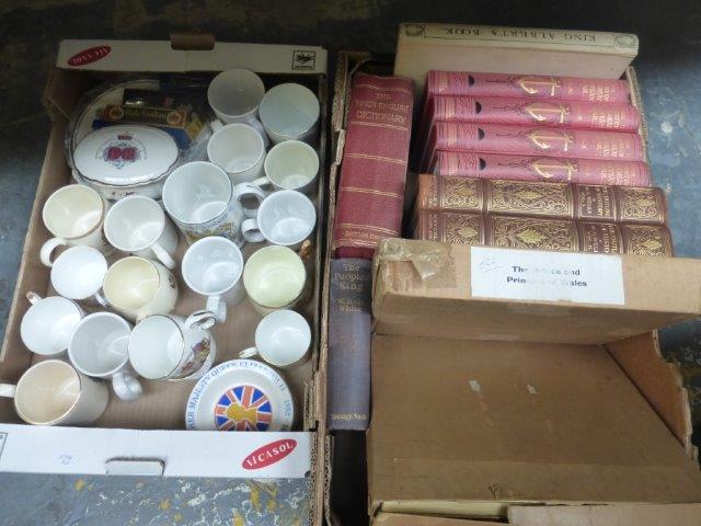 A box of assorted commemorative ware of various ages and a box of assorted volumes all commemorative