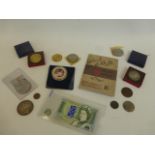 An assortment of Queen Elizabeth II souvenir medallions, assorted coinage including an 1892