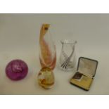 Two Caithness glass vases, two paperweights - Blessings and Fireball, and a Caithness tie pin.