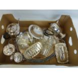 A box of assorted silver plated and glass tableware.