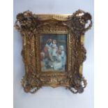 A gilt framed plaque depicting a 19th Century scene of young girls with kittens and a St. Bernard