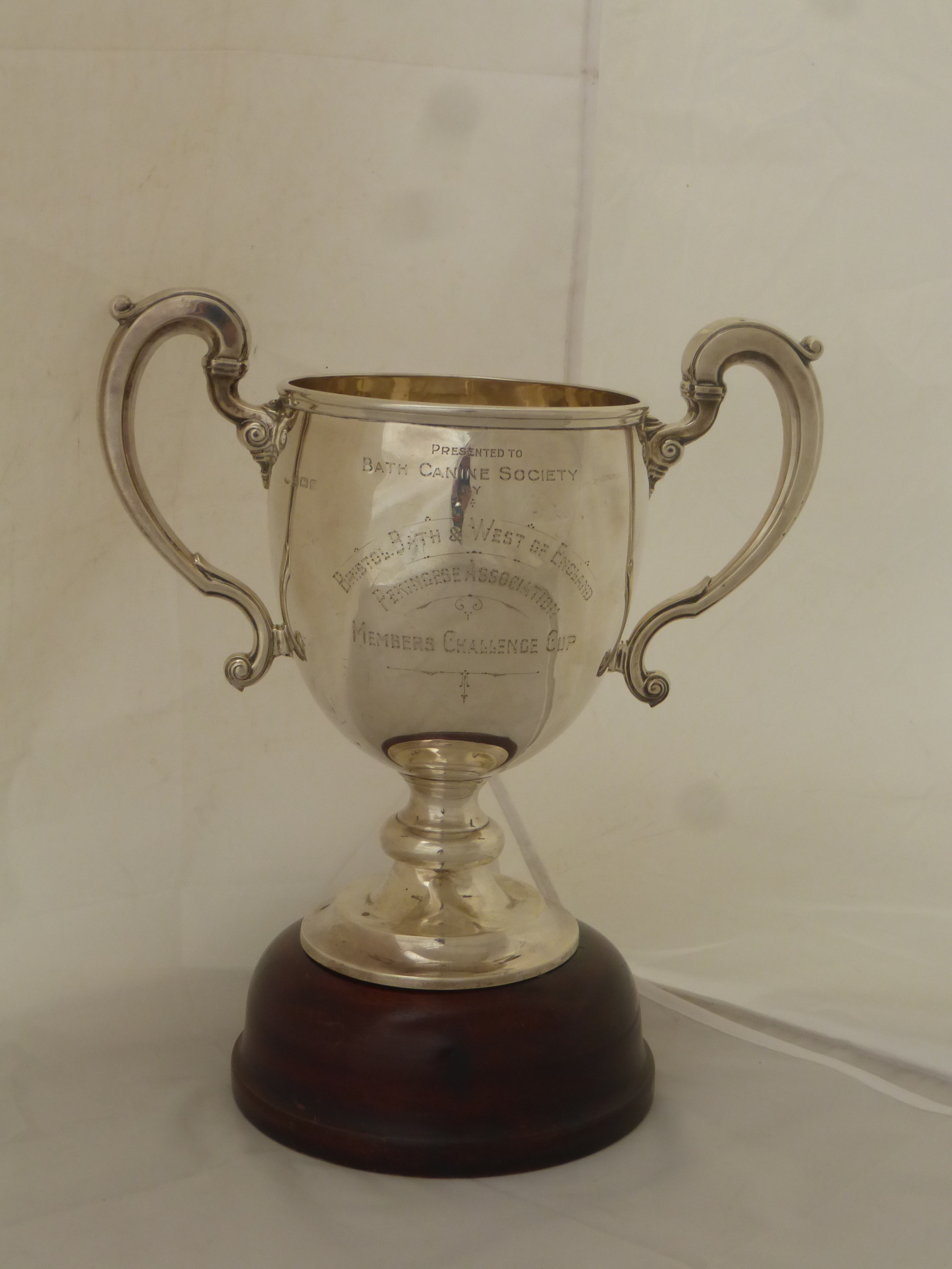 A large Balt twin handled silver trophy with inscription Presented to Bathy Canine Society by
