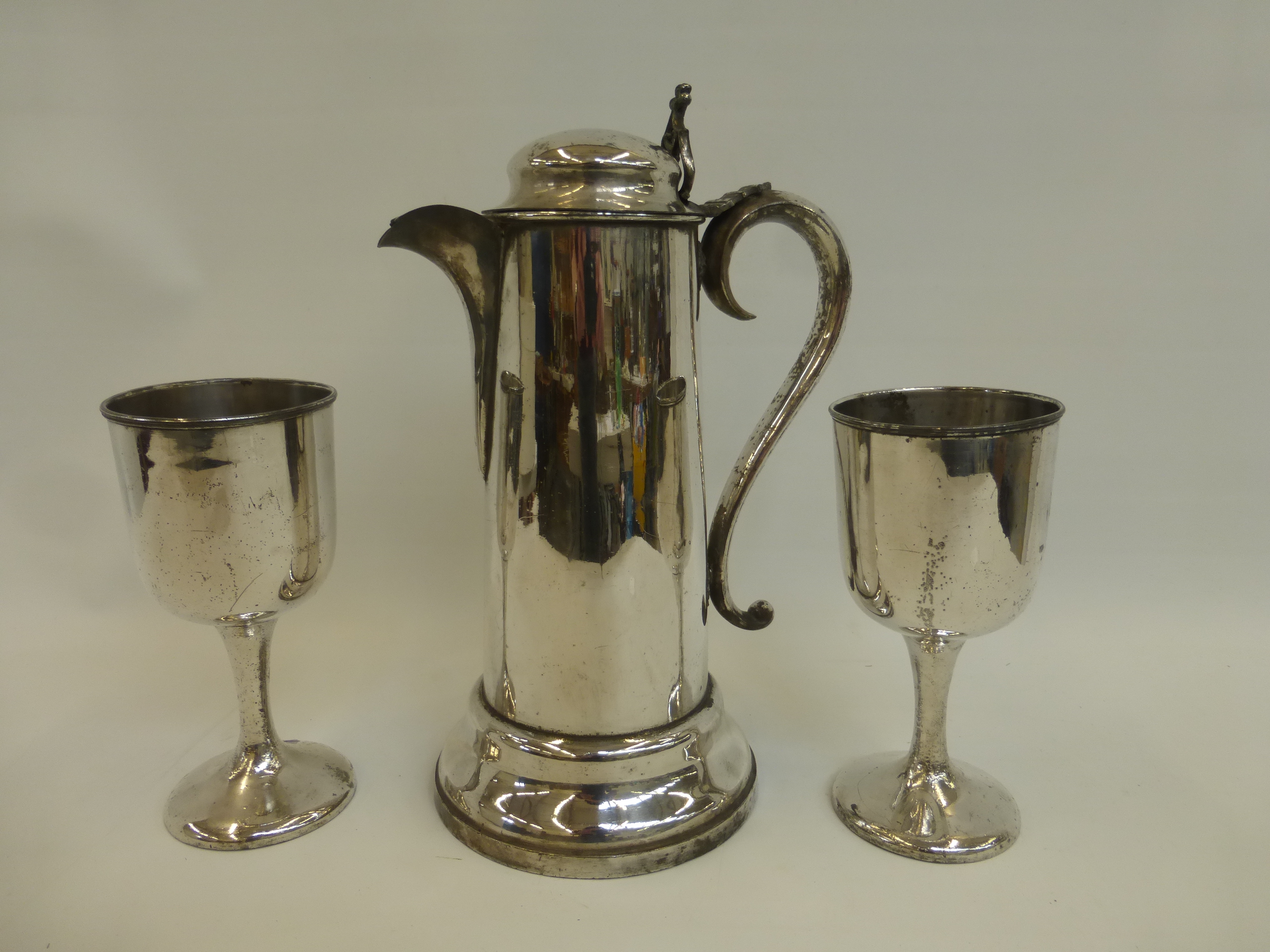 Tabernacle U.R.C Chippenham, a pair of Victorian silver plated wine chalices and a lidded flagon,