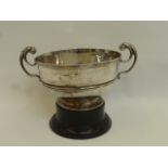 A large twin handled silver trophy with inscription: Bath Canine Society "The Ashley Manor Challenge