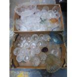 Two boxes of assorted glassware including wine glasses, and a pedestal fruit bowl.