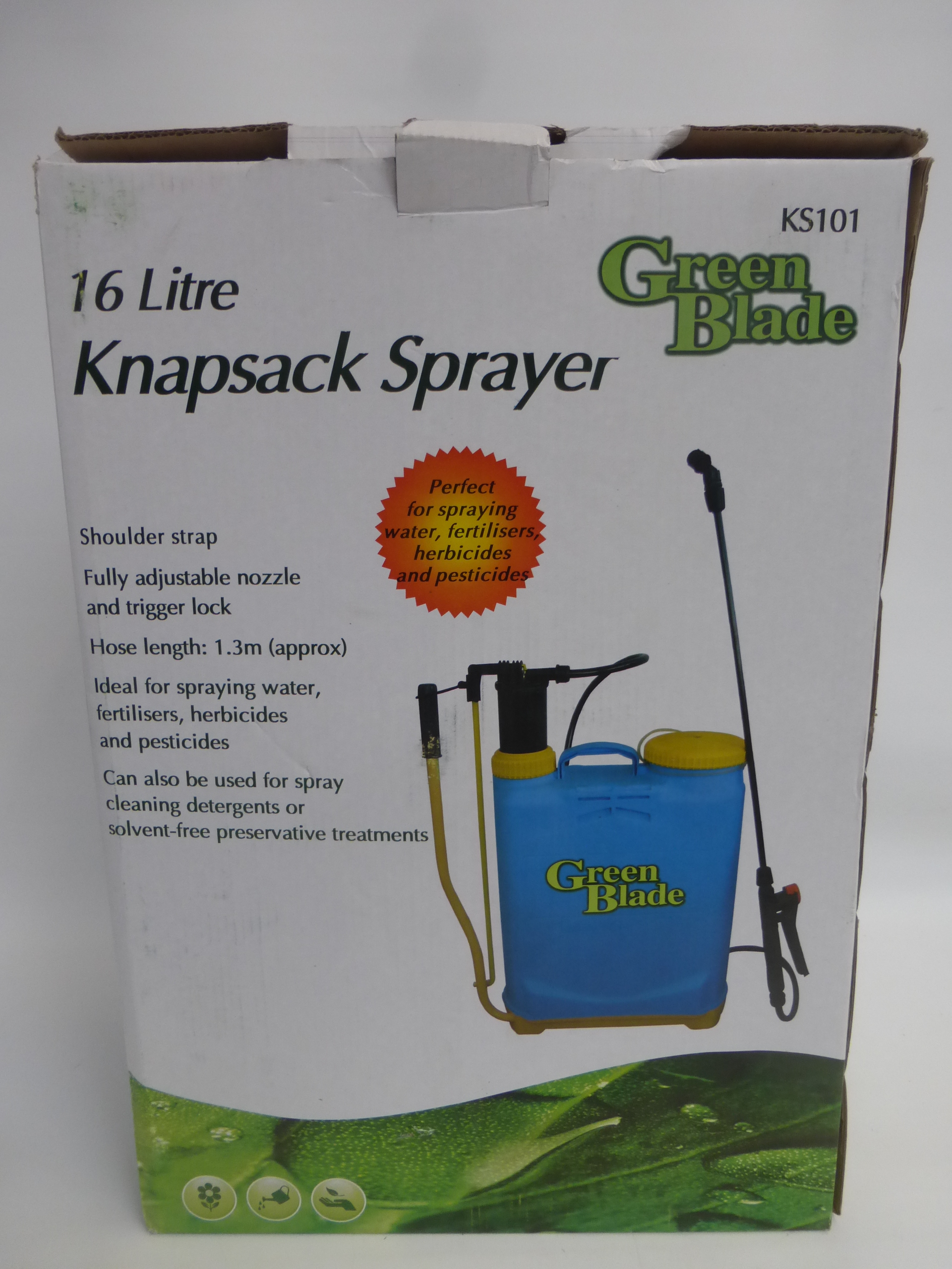 A knapsack pressure sprayer.