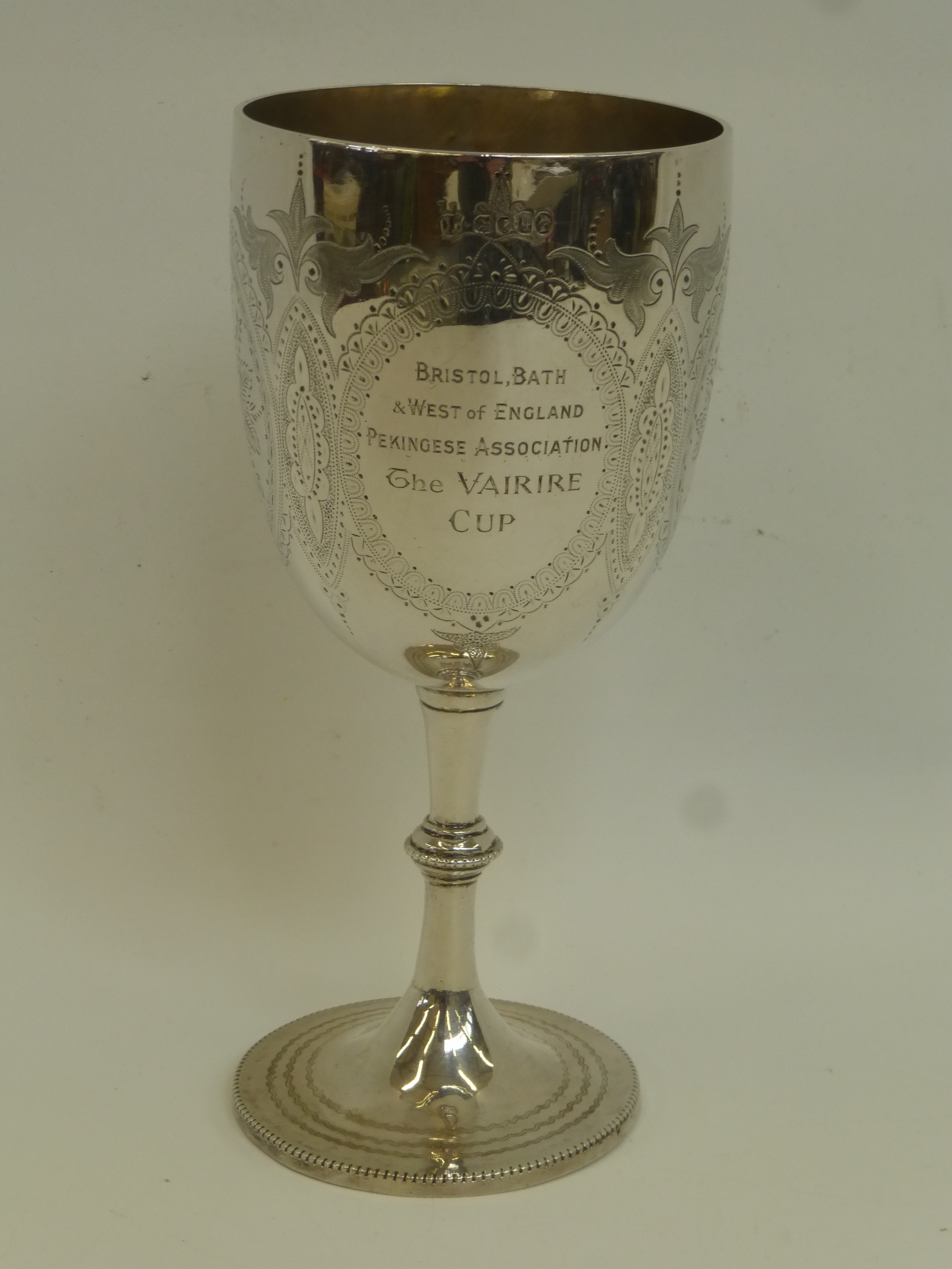 An engraved silver chalice with inscription Bristol, Bath and West England Pekingese Association "