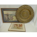 A large brass wall charger decorated with mythical figures and animals, a framed and glazed